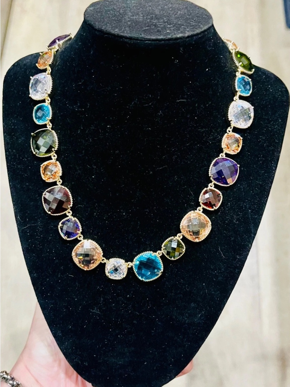 Vintage Gold Tone Multicolor Checkerboard Cubic Zirconia Station Necklace READ… - Picture 8 of 12